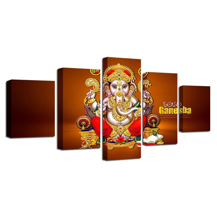 Hindu Lord Ganesha 5 Piece HD Multi Panel Canvas Wall Art Frame - Original Frame