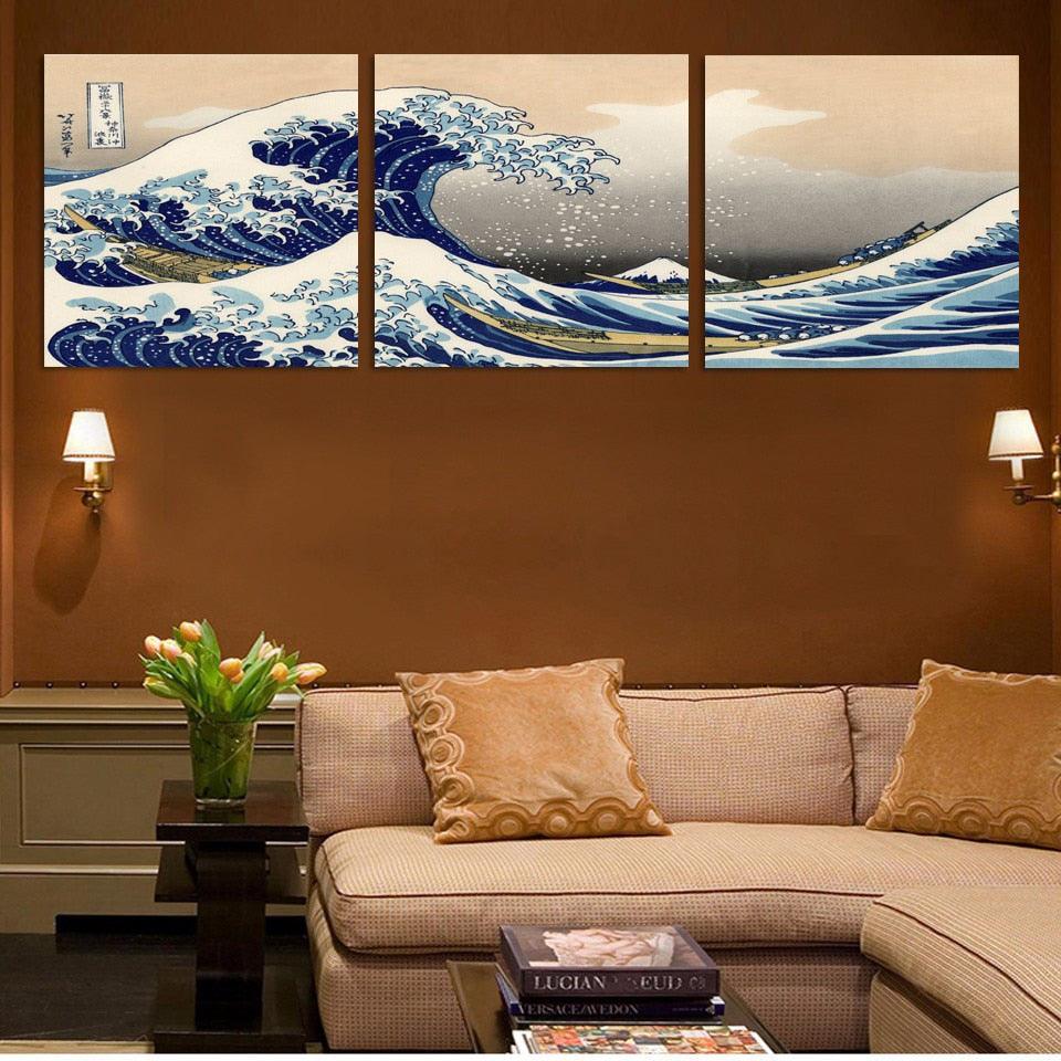 Great Waves 3 Piece HD Multi Panel Canvas Wall Art Frame - Original Frame
