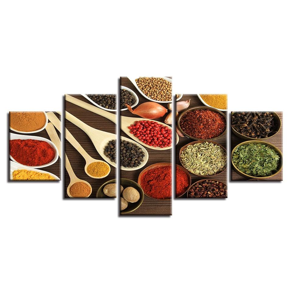 Spoons Spices Grains 5 Piece HD Multi Panel Canvas Wall Art Frame - Original Frame