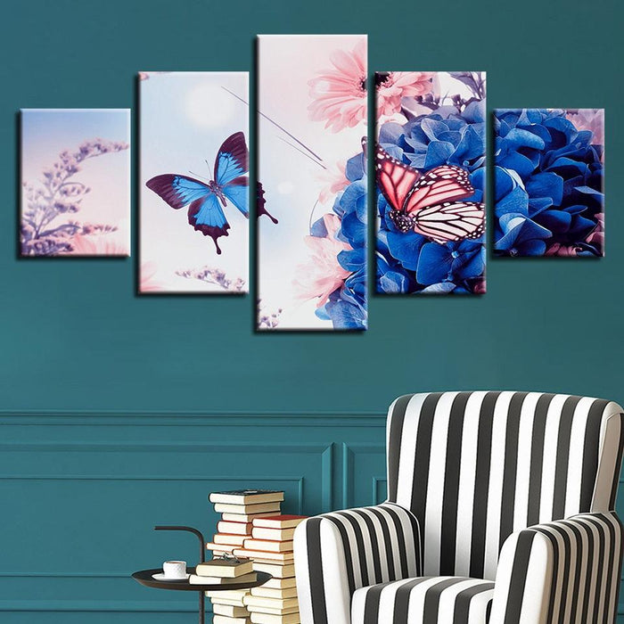 Beautiful Butterfly Flowers 5 Piece HD Multi Panel Canvas Wall Art Frame