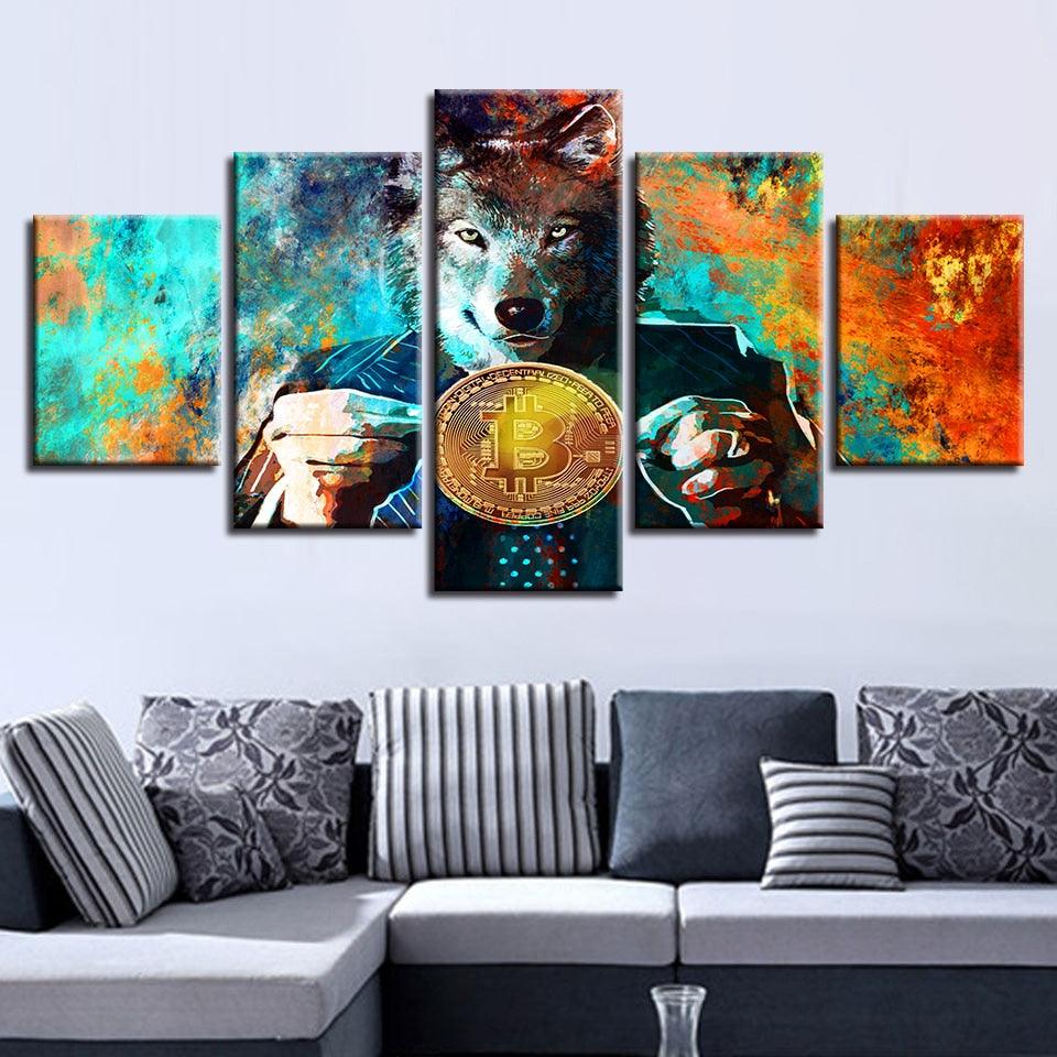 Wolf And Bitcoins 5 Piece HD Multi Panel Canvas Wall Art Frame - Original Frame