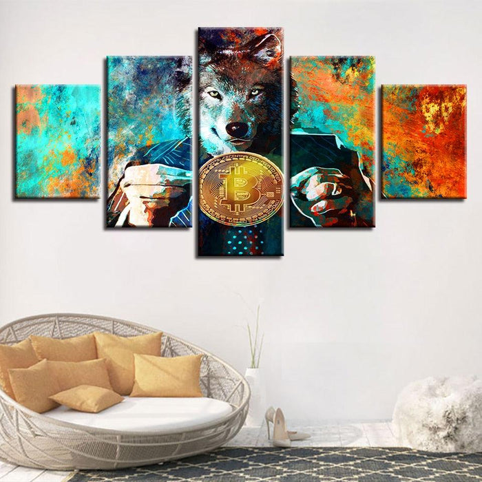 Wolf And Bitcoins 5 Piece HD Multi Panel Canvas Wall Art Frame - Original Frame