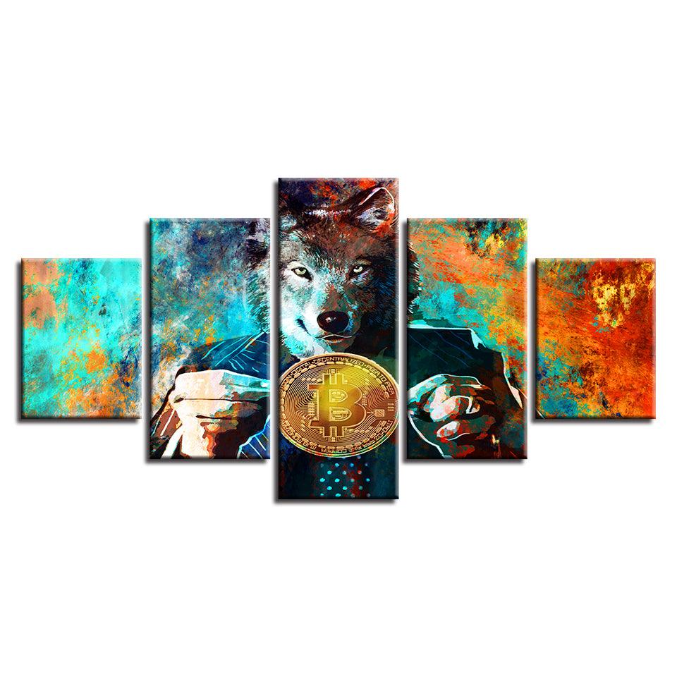 Wolf And Bitcoins 5 Piece HD Multi Panel Canvas Wall Art Frame - Original Frame