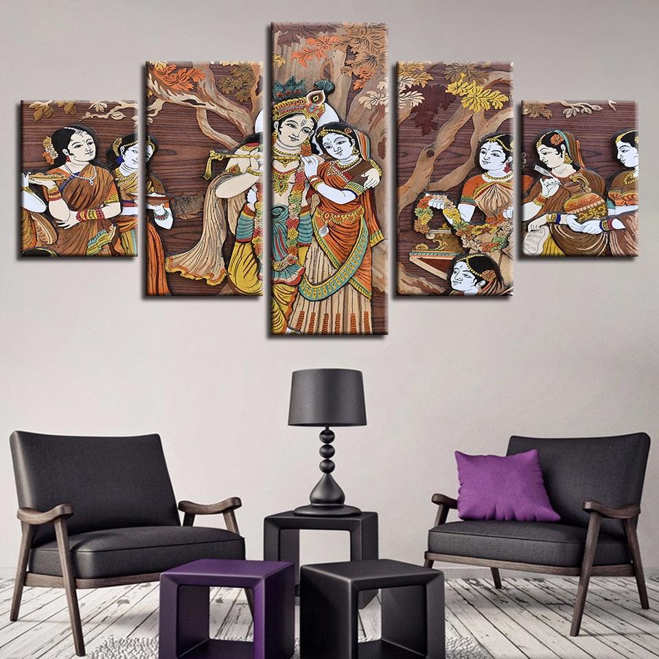 Krishna And Radharani 5 Piece HD Multi Panel Canvas Wall Art Frame - Original Frame