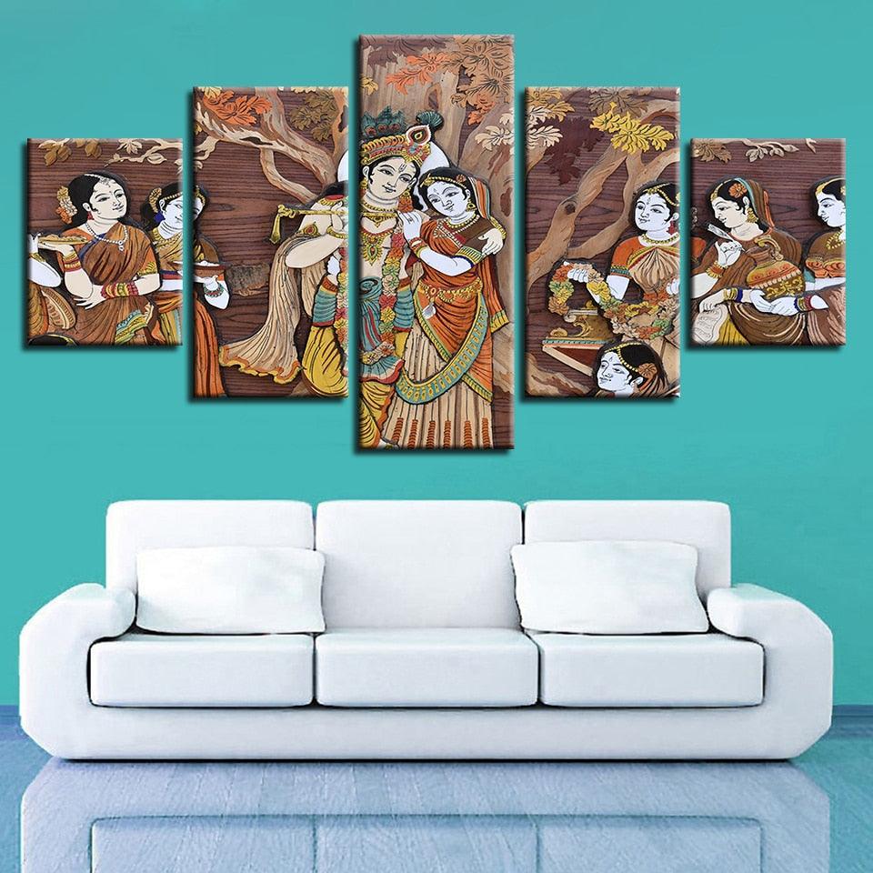 Krishna And Radharani 5 Piece HD Multi Panel Canvas Wall Art Frame - Original Frame