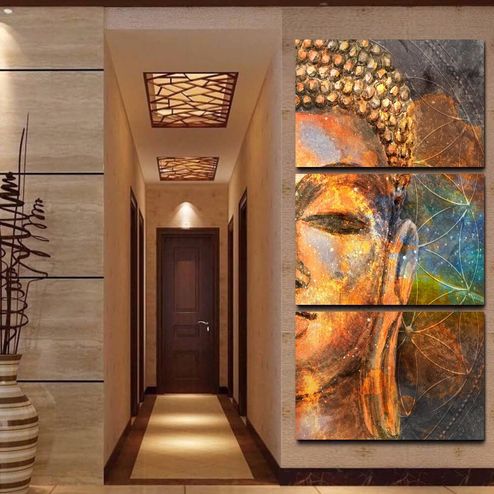 Buddha Statue Abstract Painting 3 Piece HD Multi Panel Canvas Wall Art Frame - Original Frame