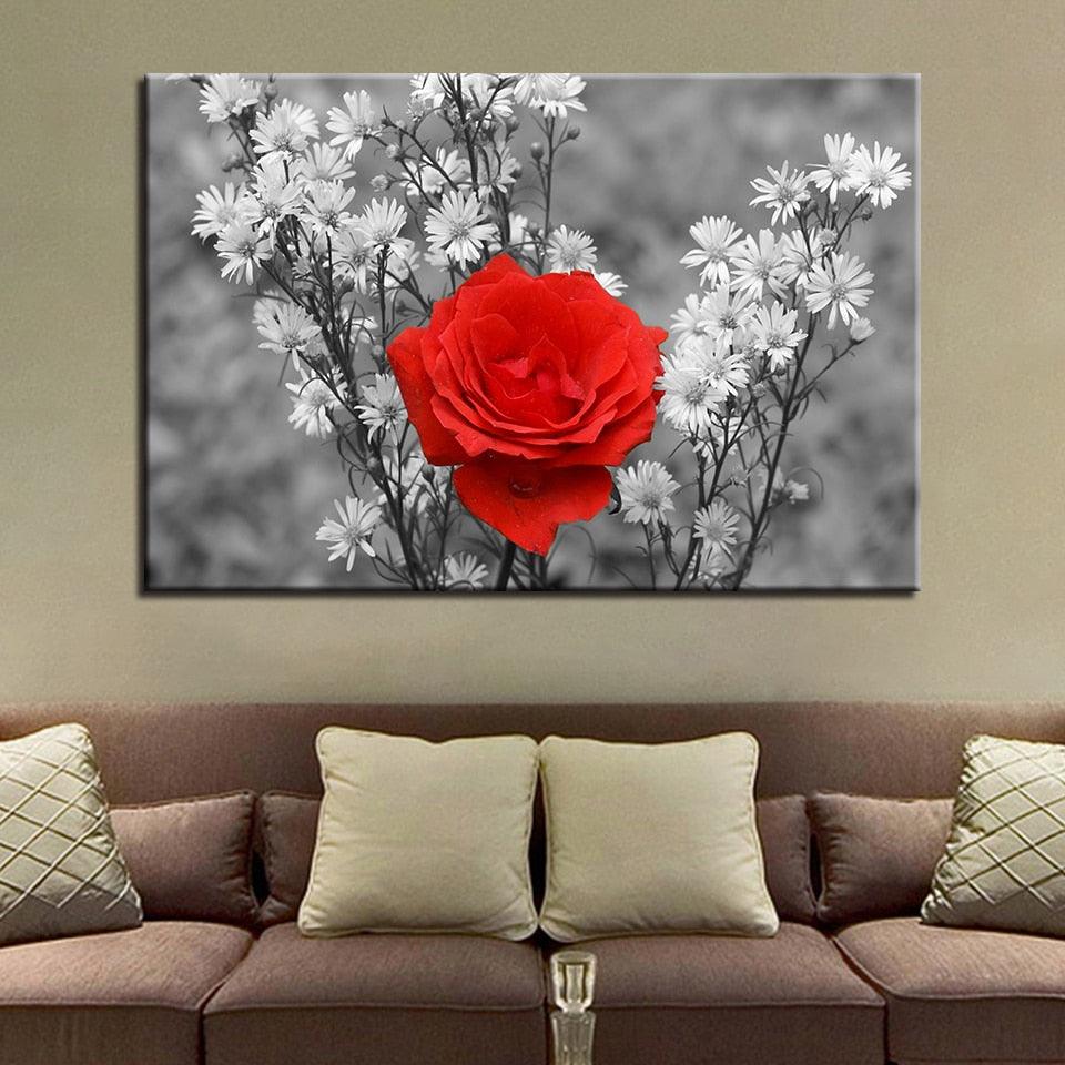 Wall Art Pictures 1 Piece Red Rose And Wild Flower Painting Home Decor Living Room Vintage Poster Framework - Original Frame