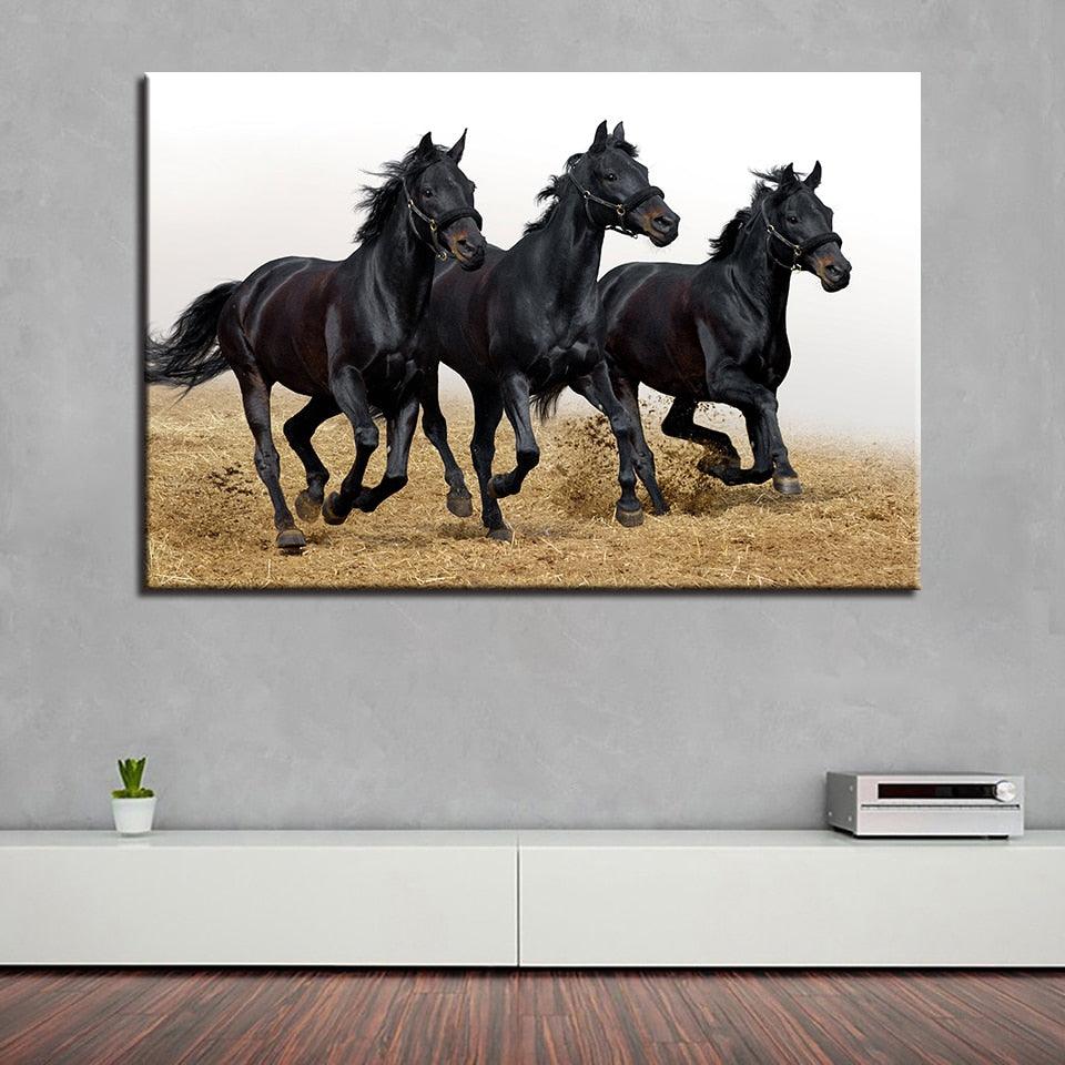 Running Black Horses 1 Piece HD Multi Panel Canvas Wall Art Frame - Original Frame