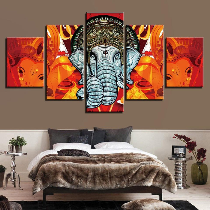 Lord Ganesha 5 Piece HD Multi Panel Combined Canvas Wall Art Frame - Original Frame