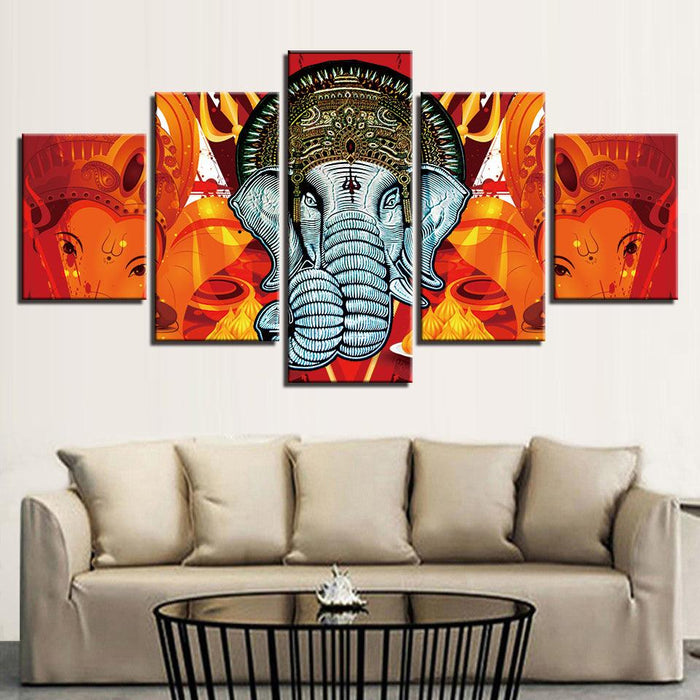 Lord Ganesha 5 Piece HD Multi Panel Combined Canvas Wall Art Frame - Original Frame