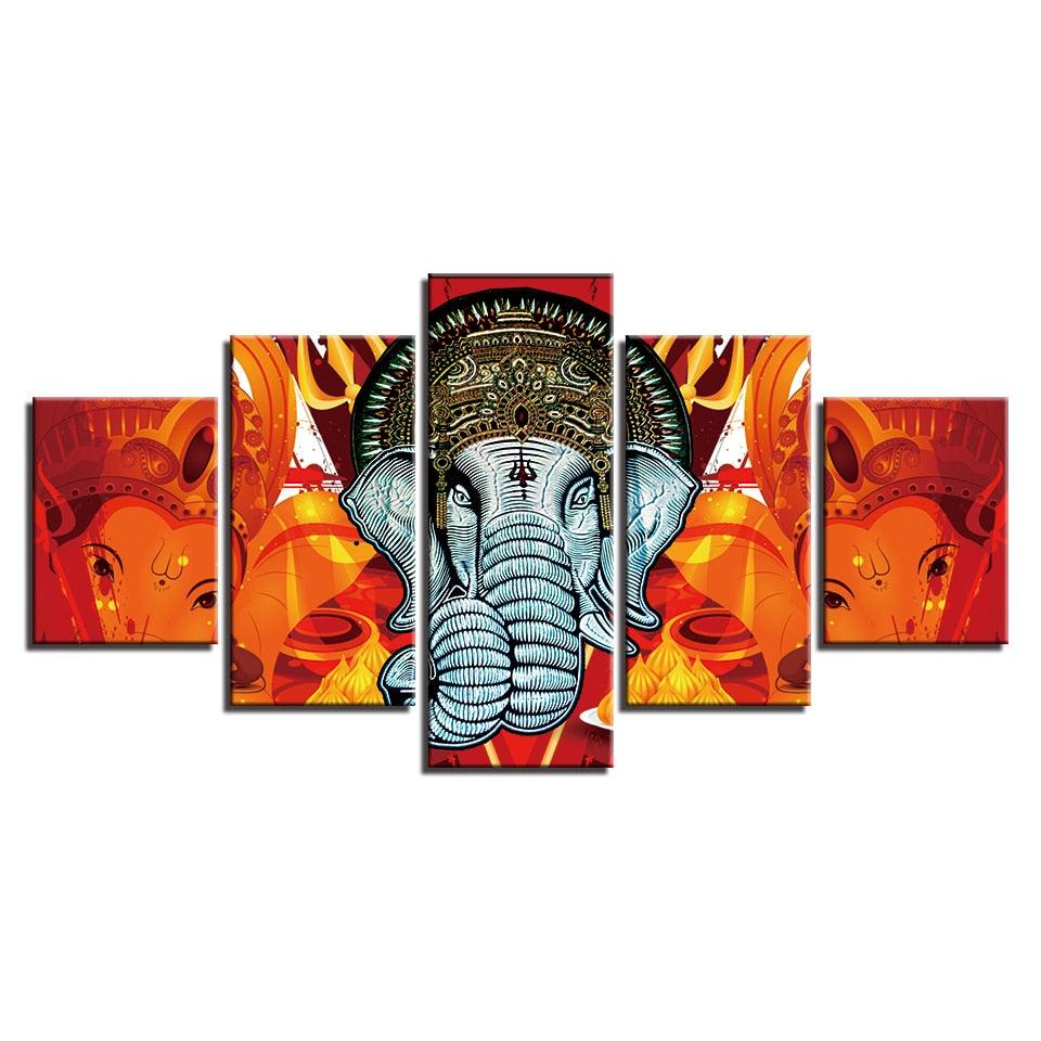 Lord Ganesha 5 Piece HD Multi Panel Combined Canvas Wall Art Frame - Original Frame