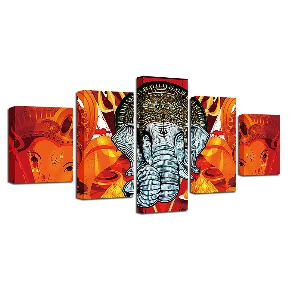 Lord Ganesha 5 Piece HD Multi Panel Combined Canvas Wall Art Frame - Original Frame