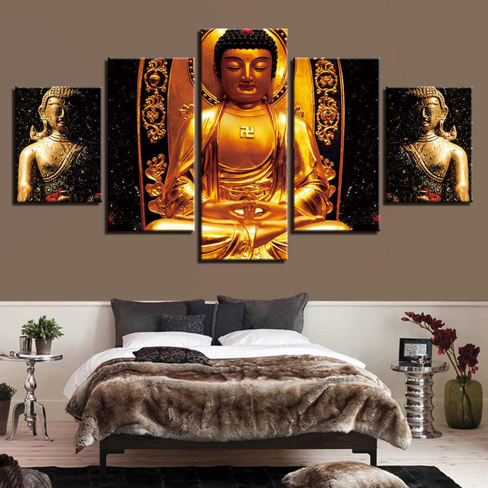 Gold Statue Of Buddha 5 Piece HD Multi Panel Canvas Wall Art Frame - Original Frame