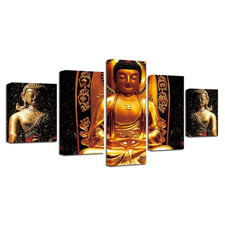Gold Statue Of Buddha 5 Piece HD Multi Panel Canvas Wall Art Frame - Original Frame