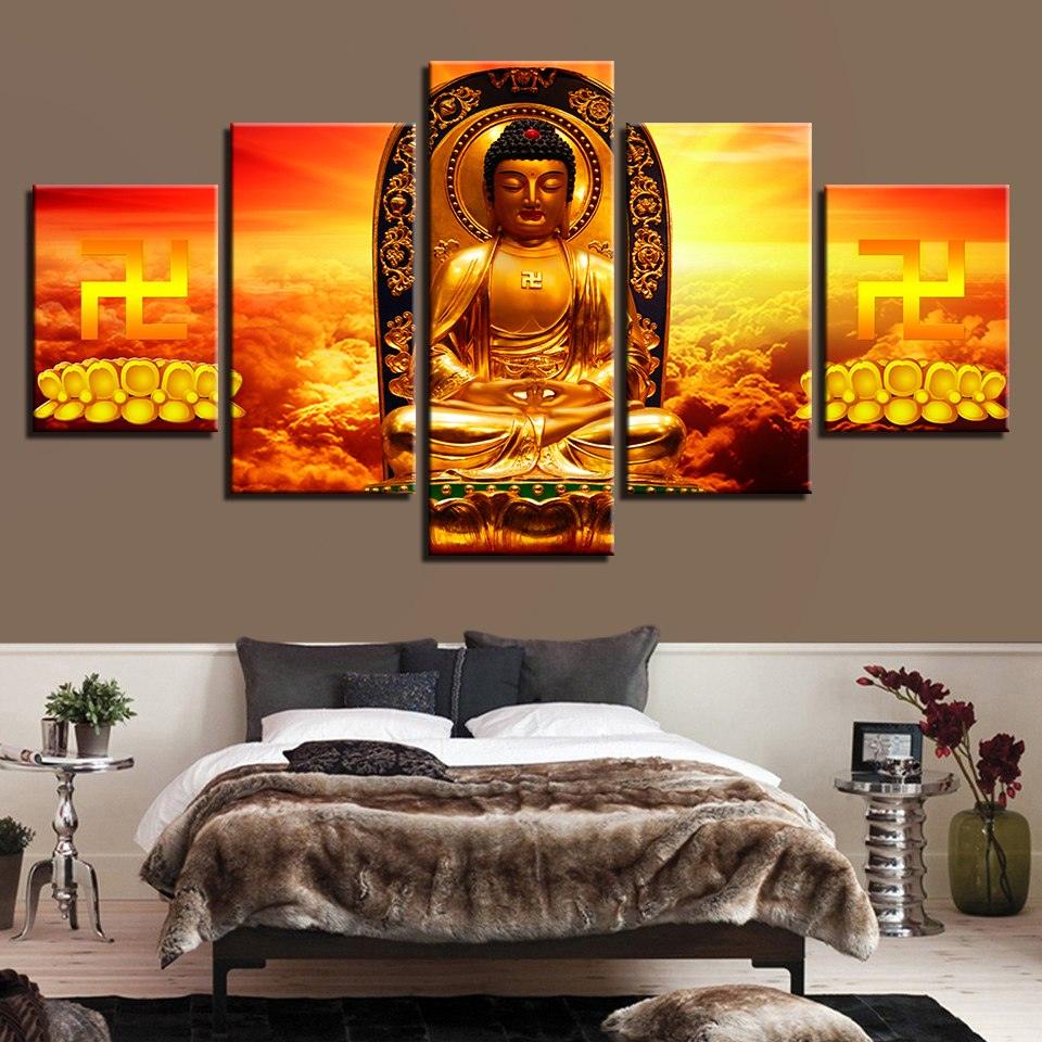 Golden Buddha 5 Piece HD Multi Panel Canvas Wall Art Frame - Original Frame