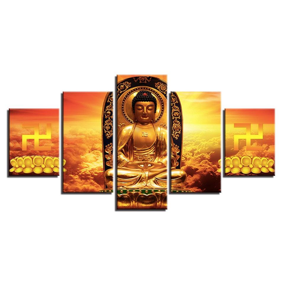 Golden Buddha 5 Piece HD Multi Panel Canvas Wall Art Frame - Original Frame