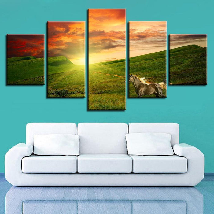 Horse Running 5 Piece HD Multi Panel Canvas Wall Art Frame - Original Frame