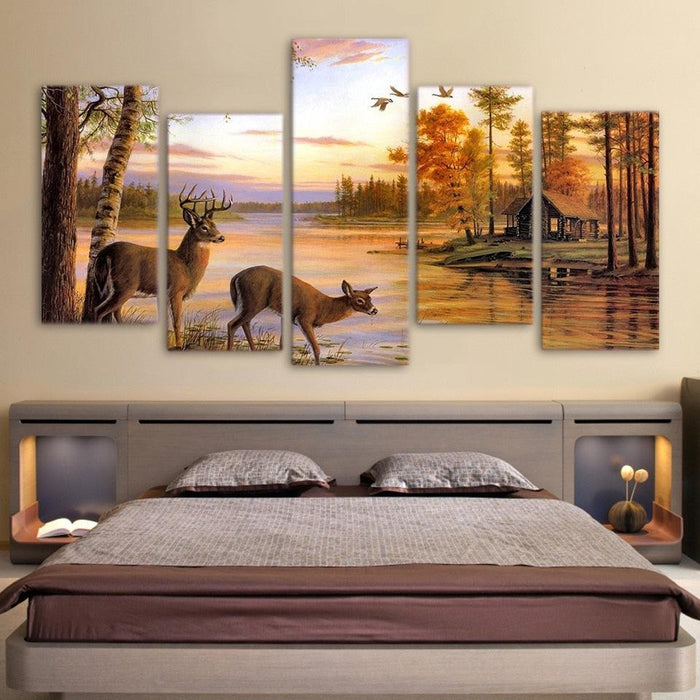 Deer in Forest 5 Piece HD Multi Panel Canvas Wall Art Frame - Original Frame