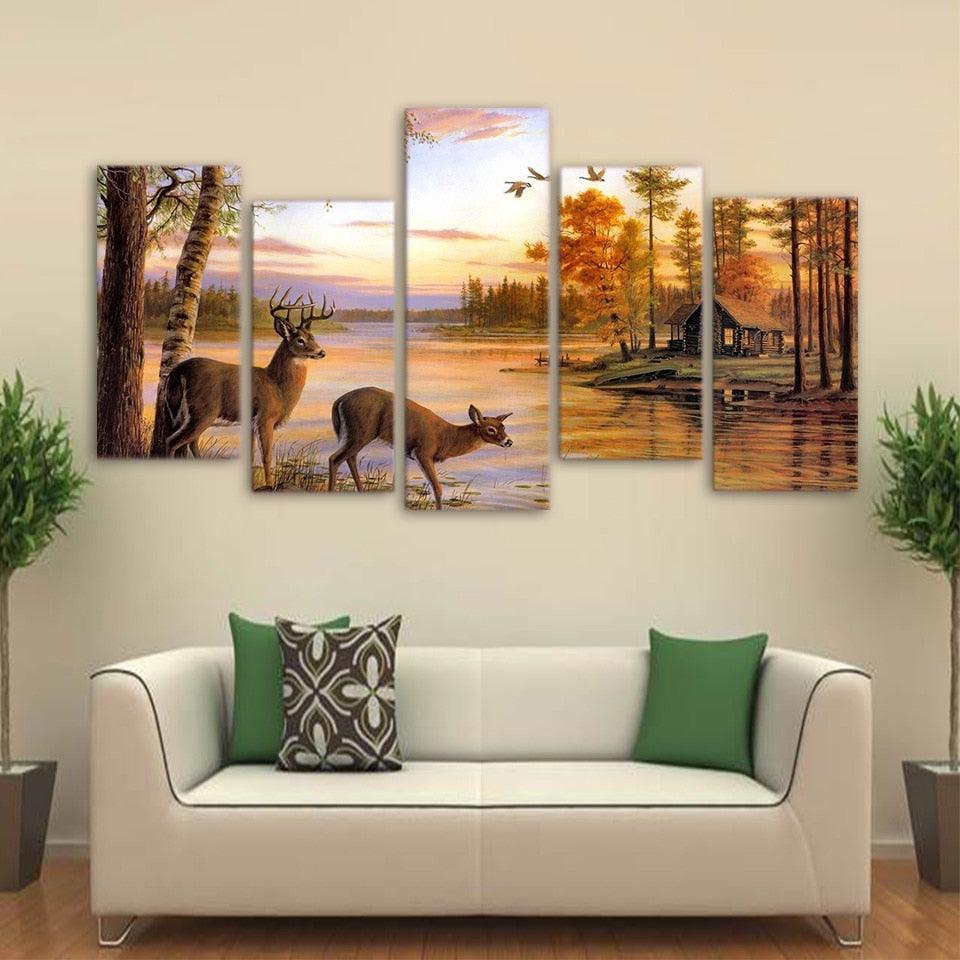 Deer in Forest 5 Piece HD Multi Panel Canvas Wall Art Frame - Original Frame