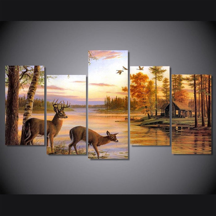 Deer in Forest 5 Piece HD Multi Panel Canvas Wall Art Frame - Original Frame