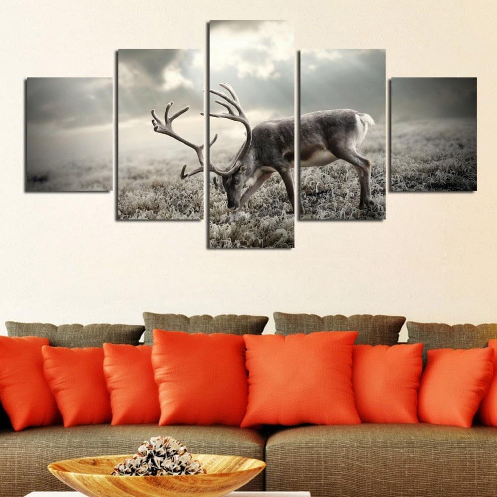 Winter Forest Deer 5 Piece HD Multi Panel Canvas Wall Art Frame - Original Frame