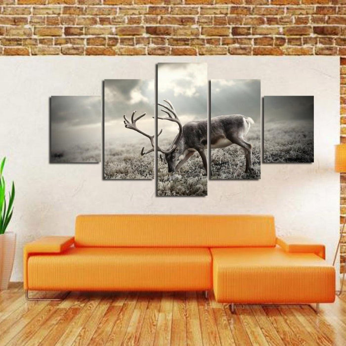 Winter Forest Deer 5 Piece HD Multi Panel Canvas Wall Art Frame