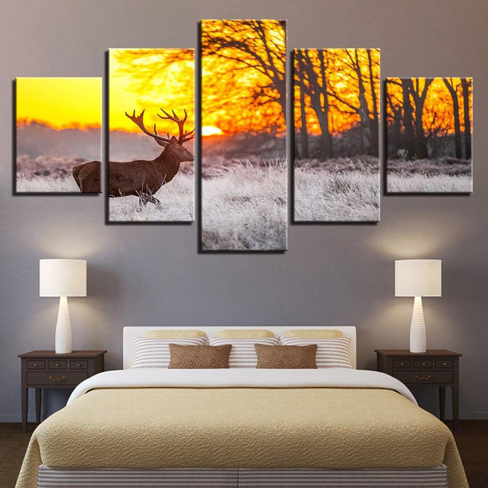 Winter Sunset Deer 5 Piece HD Multi Panel Canvas Wall Art Frame - Original Frame