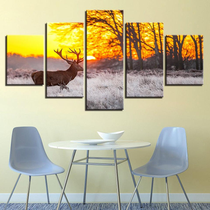 Winter Sunset Deer 5 Piece HD Multi Panel Canvas Wall Art Frame - Original Frame