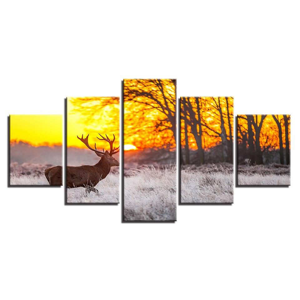Winter Sunset Deer 5 Piece HD Multi Panel Canvas Wall Art Frame - Original Frame