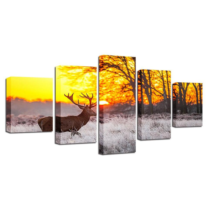 Winter Sunset Deer 5 Piece HD Multi Panel Canvas Wall Art Frame - Original Frame