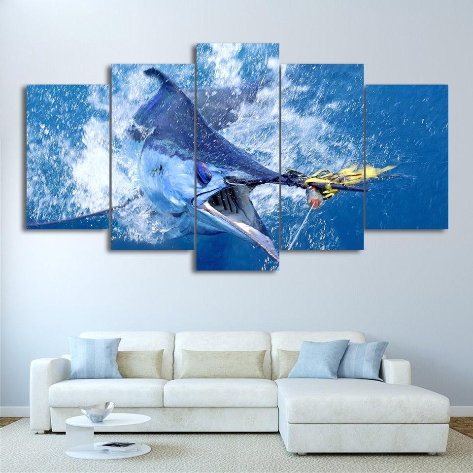 Jumping Marlin Fish 5 Piece HD Multi Panel Canvas Wall Art Frame - Original Frame