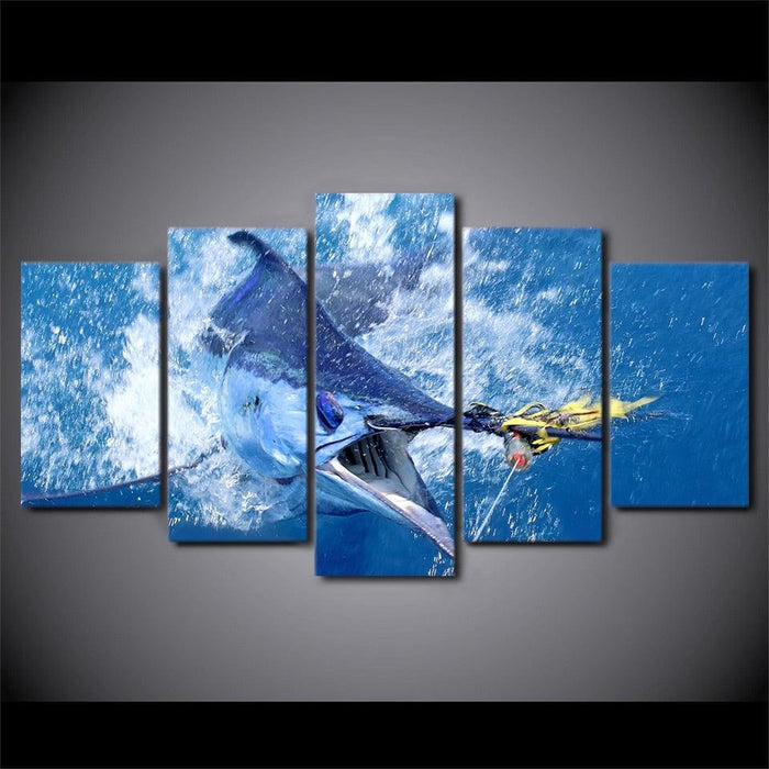 Jumping Marlin Fish 5 Piece HD Multi Panel Canvas Wall Art Frame - Original Frame