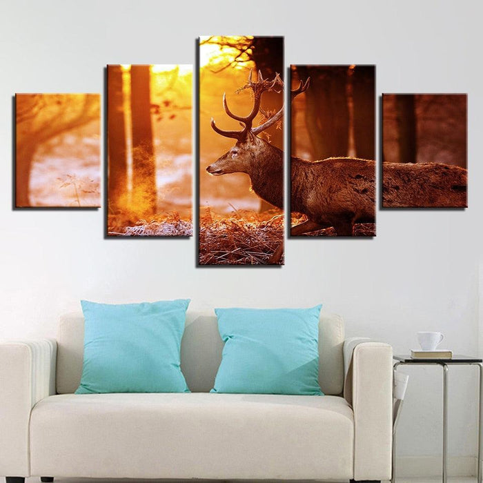 Sunshine Forest In Winter Deer 5 Piece HD Multi Panel Canvas Wall Art Frame - Original Frame