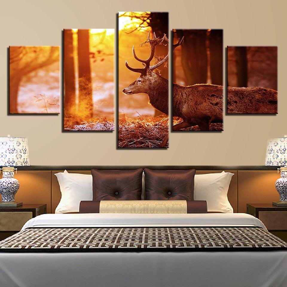 Sunshine Forest In Winter Deer 5 Piece HD Multi Panel Canvas Wall Art Frame - Original Frame