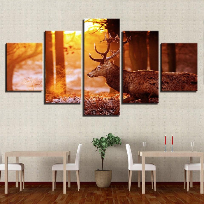 Sunshine Forest In Winter Deer 5 Piece HD Multi Panel Canvas Wall Art Frame - Original Frame