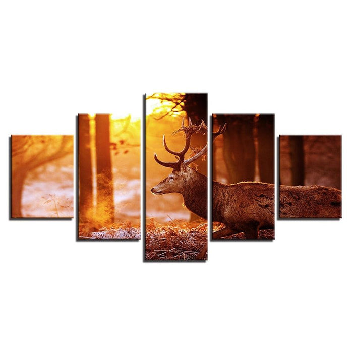 Sunshine Forest In Winter Deer 5 Piece HD Multi Panel Canvas Wall Art Frame - Original Frame