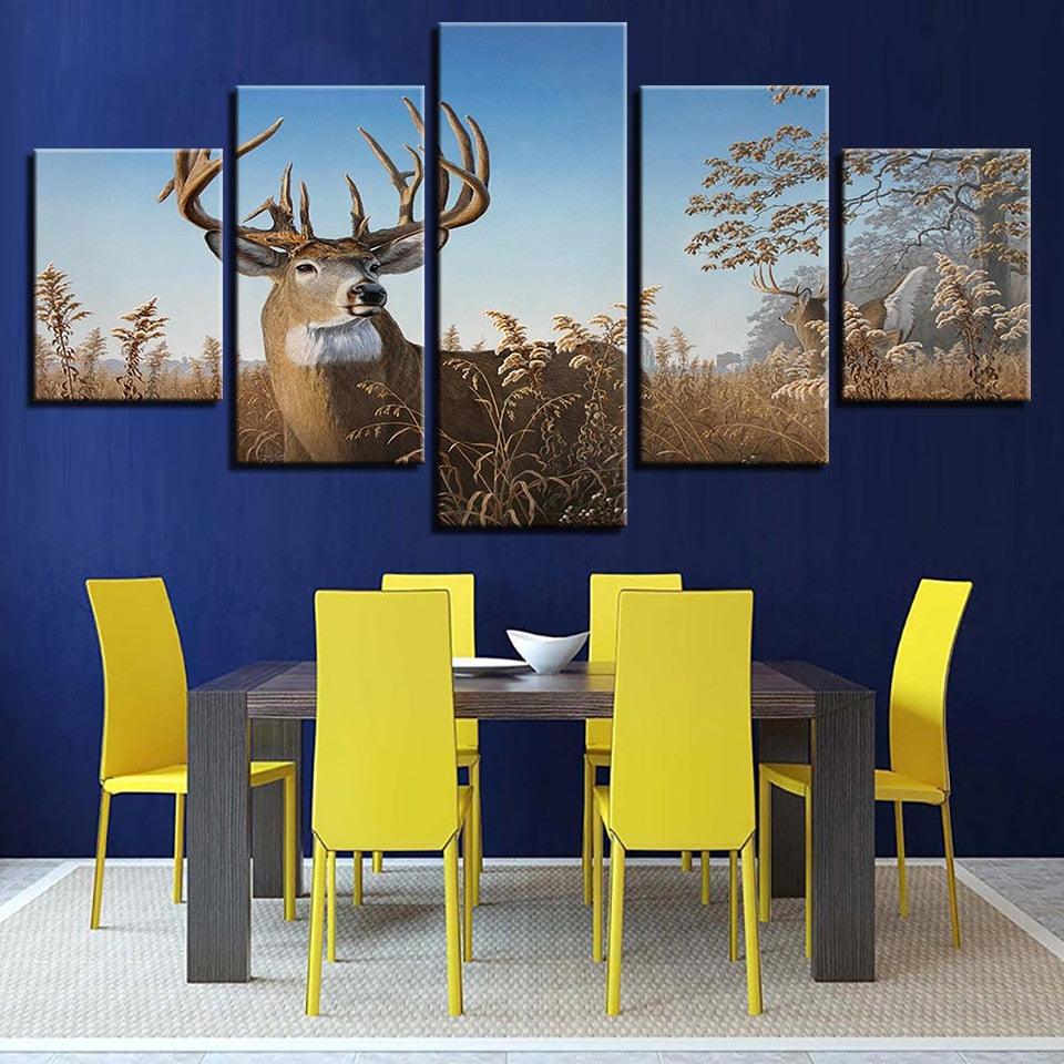 Elk Grazing 5 Piece HD Multi Panel Canvas Wall Art Frame - Original Frame