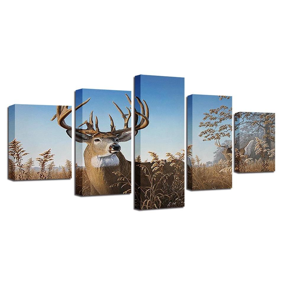 Elk Grazing 5 Piece HD Multi Panel Canvas Wall Art Frame - Original Frame