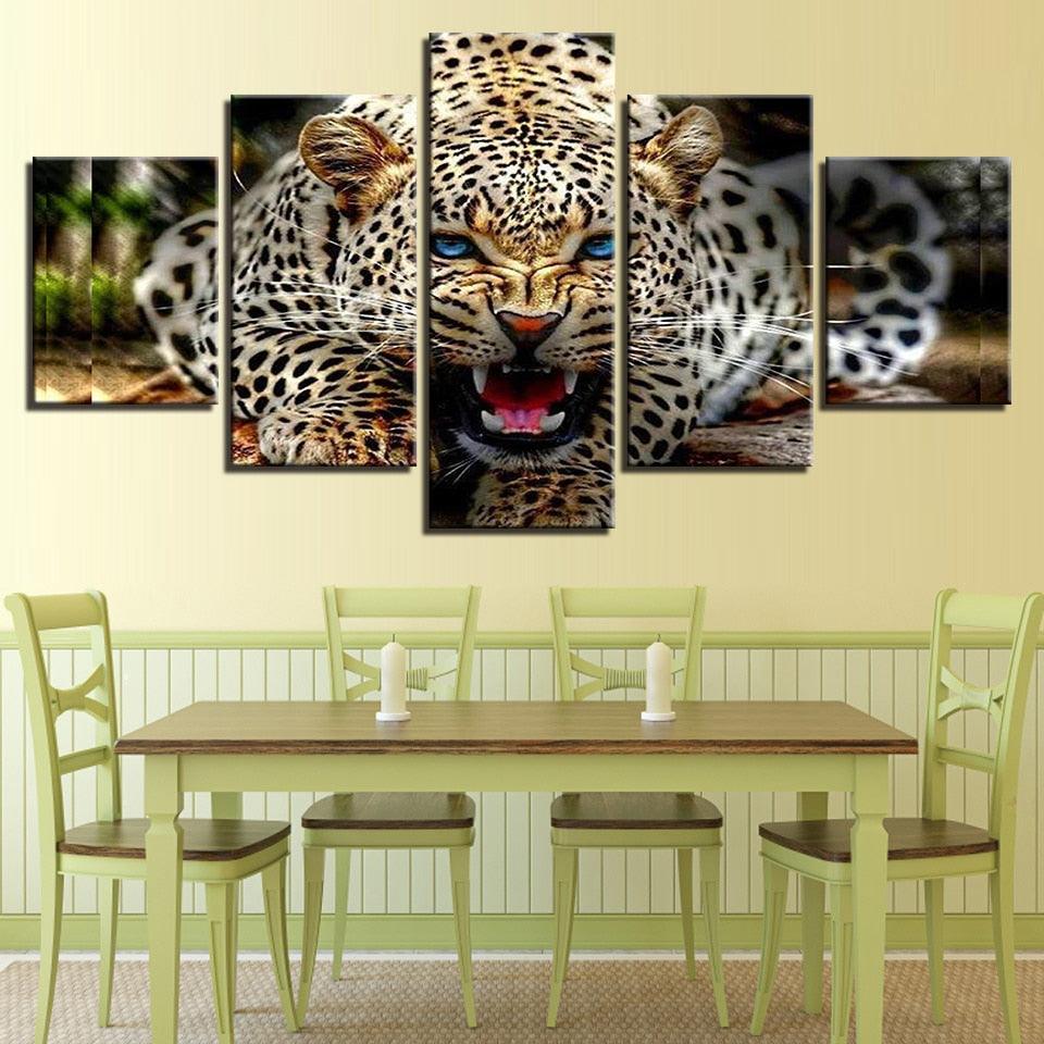 Ferocious Leopard 5 Piece HD Multi Panel Canvas Wall Art Frame - Original Frame