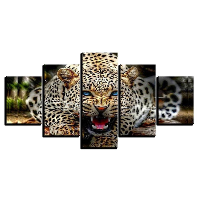 Ferocious Leopard 5 Piece HD Multi Panel Canvas Wall Art Frame - Original Frame