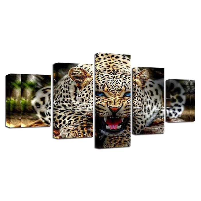 Ferocious Leopard 5 Piece HD Multi Panel Canvas Wall Art Frame - Original Frame