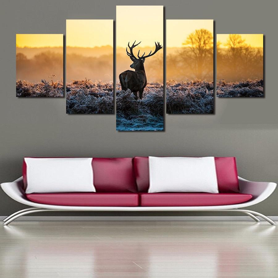 Wild Deer 5 Piece HD Multi Panel Canvas Wall Art Frame - Original Frame