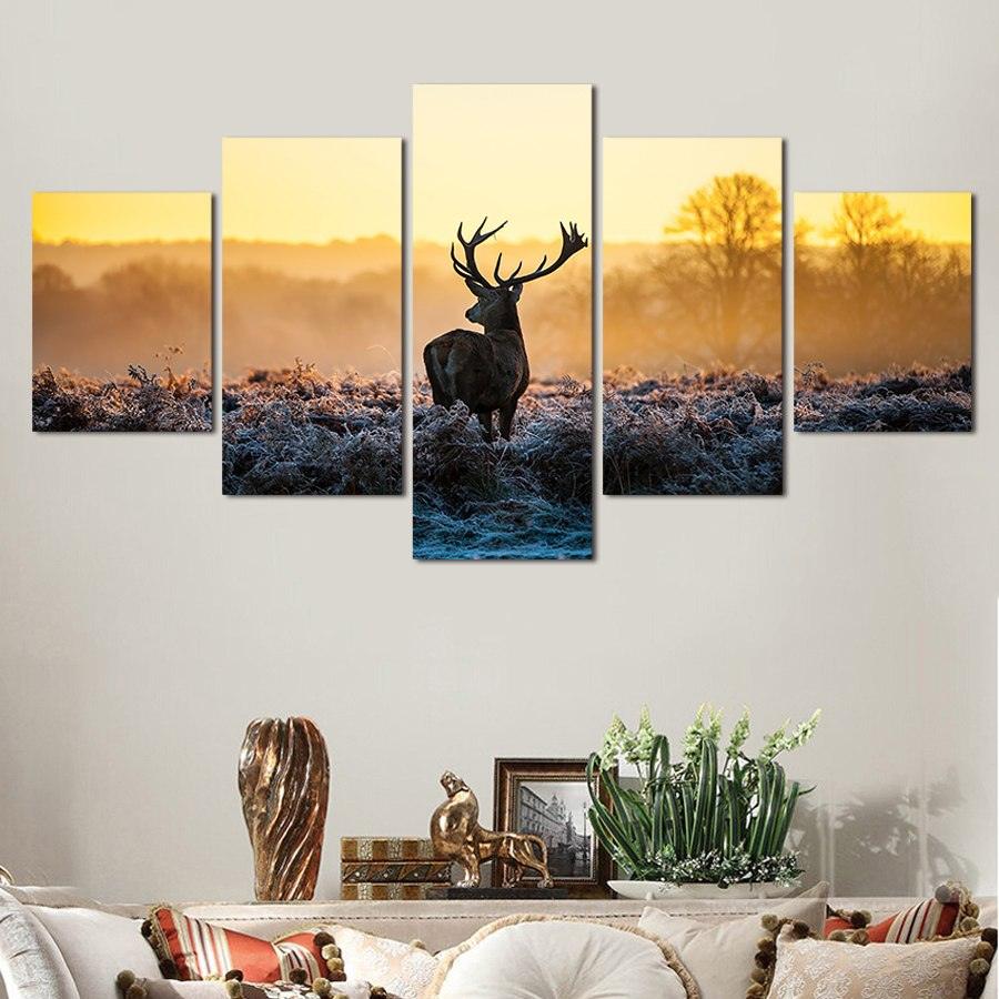 Wild Deer 5 Piece HD Multi Panel Canvas Wall Art Frame - Original Frame