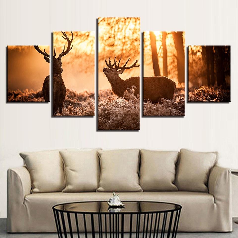 Forest Animal Deer 5 Piece HD Multi Panel Canvas Wall Art Frame - Original Frame