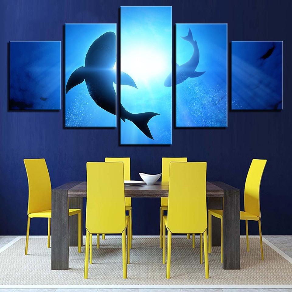 Blue Ocean Shark 5 Piece HD Multi Panel Canvas Wall Art Frame - Original Frame