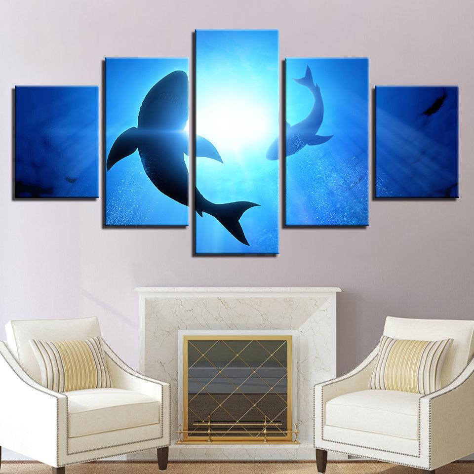 Blue Ocean Shark 5 Piece HD Multi Panel Canvas Wall Art Frame - Original Frame