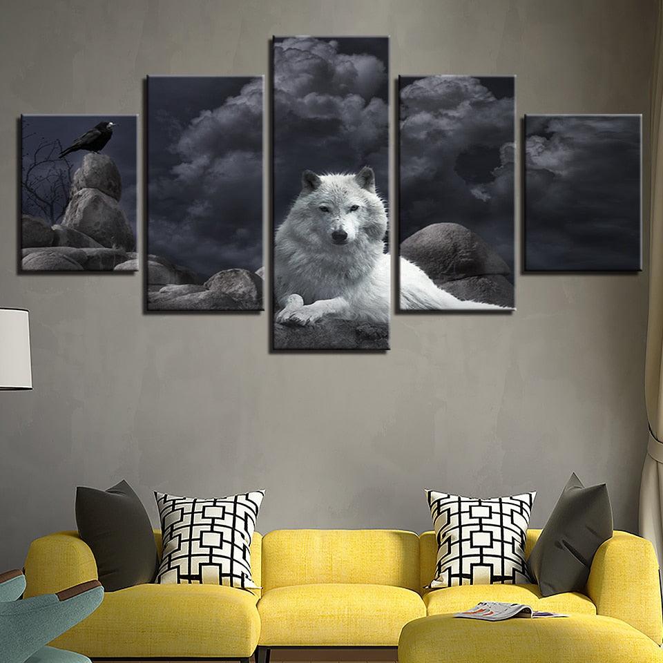White Wolf 5 Piece HD Multi Panel Canvas Wall Art Frame - Original Frame
