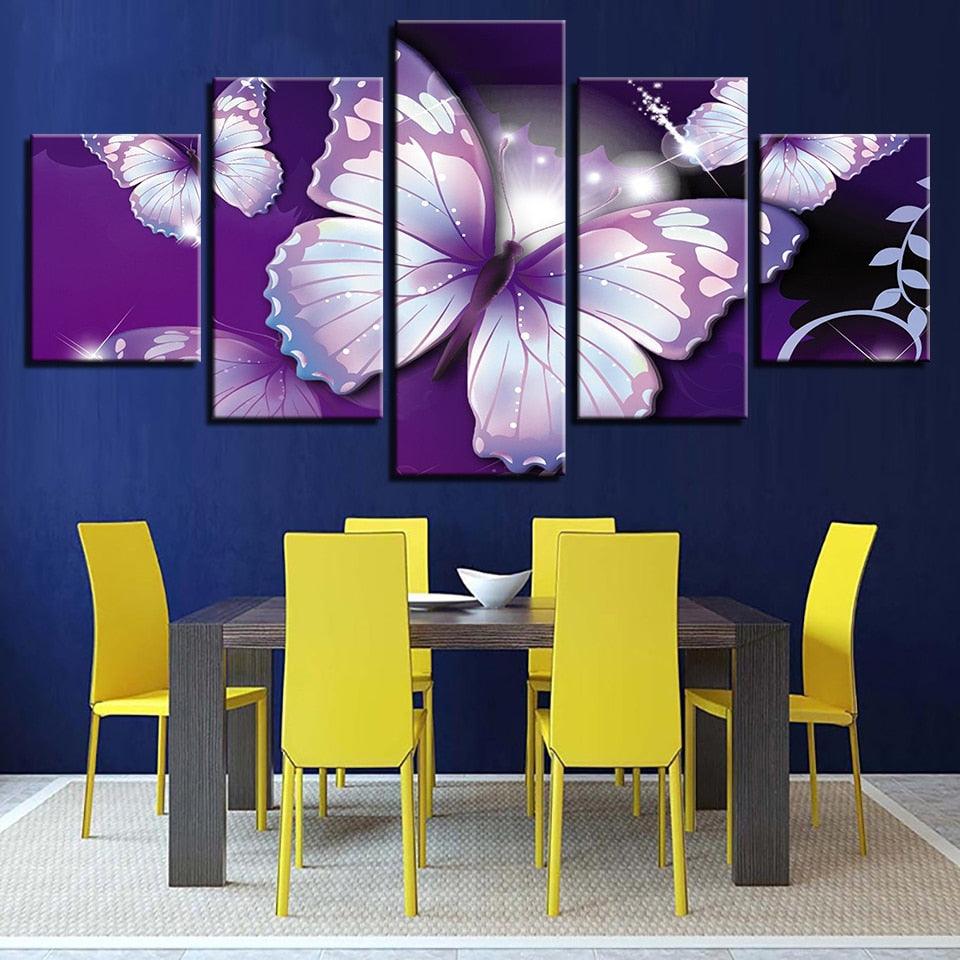 Purple Butterflies 5 Piece HD Multi Panel Canvas Wall Art - Original Frame