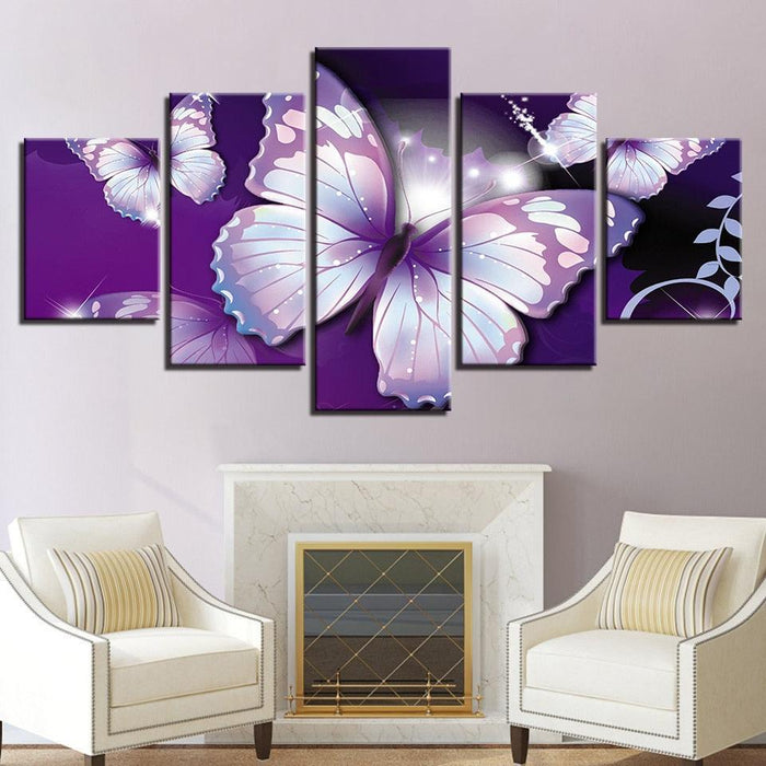 Purple Butterflies 5 Piece HD Multi Panel Canvas Wall Art - Original Frame