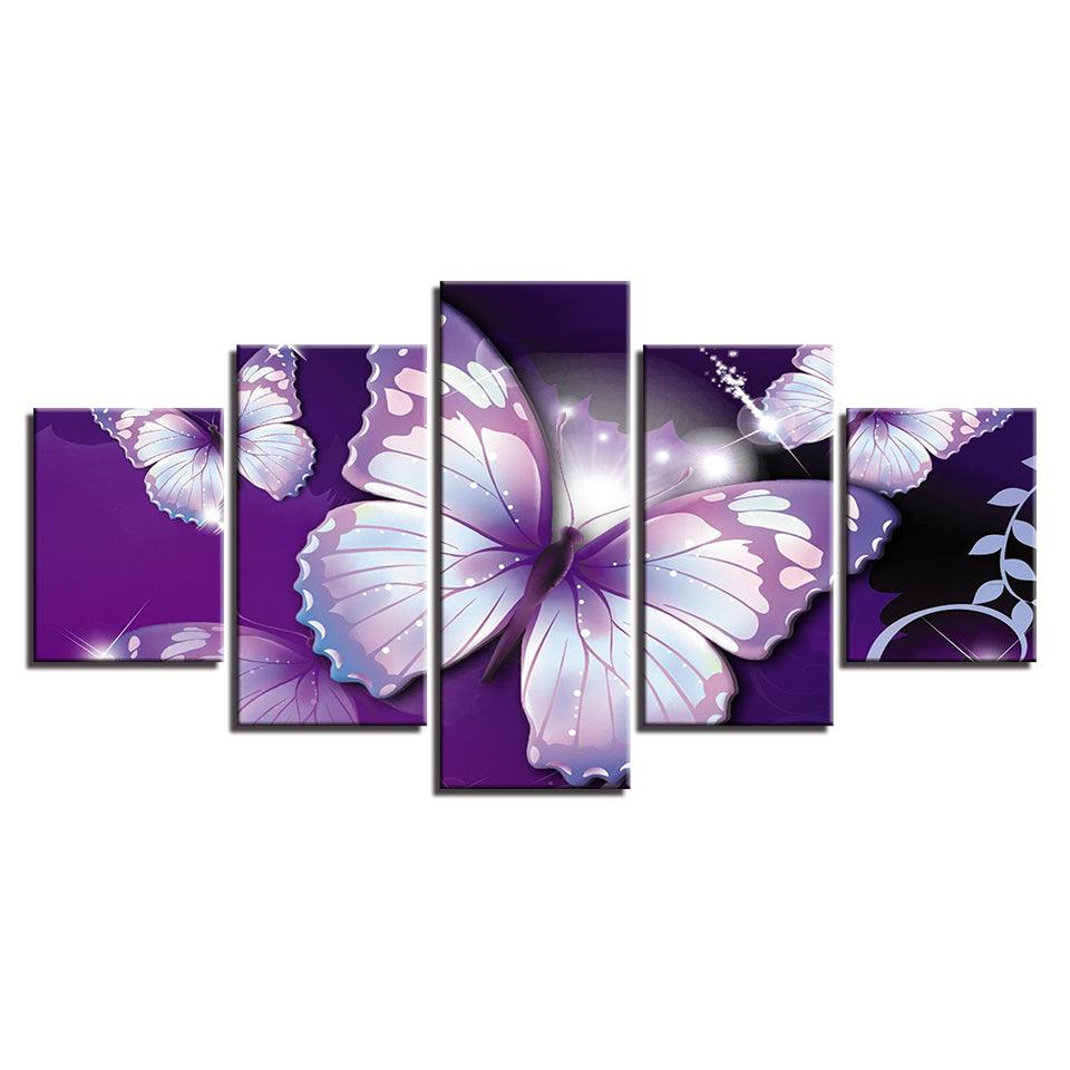 Purple Butterflies 5 Piece HD Multi Panel Canvas Wall Art - Original Frame